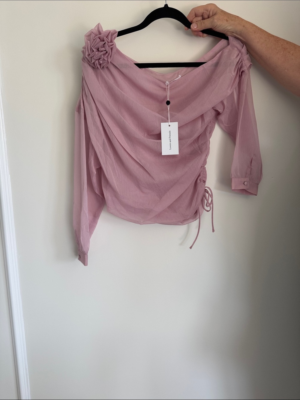 Lovers + Friends Dusty Rose Off-Shoulder Ruched Blouse with Floral Accent